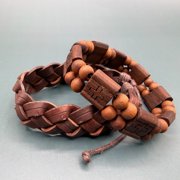 Jewelry - Set of 2 Brown Wooden Bead Braided Cord Cross Bracelets Boho Christian Gift Men